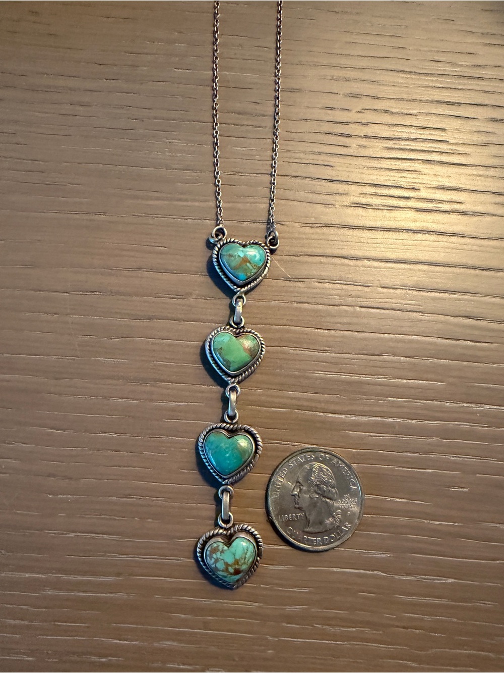 Sterling Silver Heart Turquoise Necklace - Green Turquoise Hearts